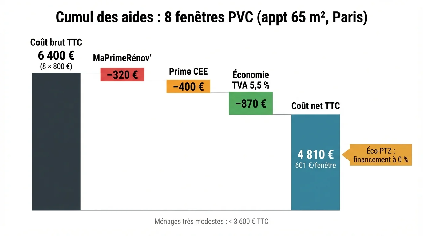 Graphique en cascade du cumul des aides pour 8 fenêtres PVC à Paris : coût brut 6 400 € réduit à 4 810 € net