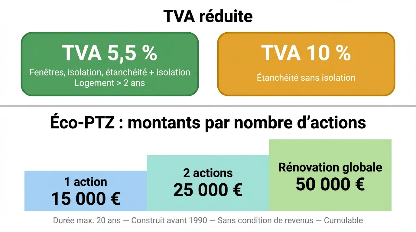 Infographie des taux de TVA réduite (5,5 % et 10 %) et barèmes de l'éco-PTZ : 15 000 € pour une action, 25 000 € pour deux, 50 000 € en rénovation globale