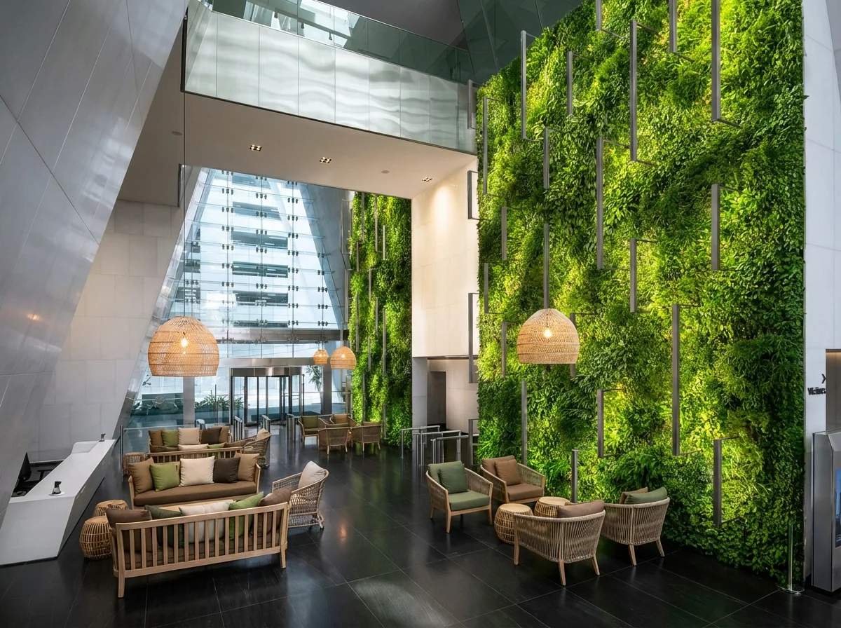 Mur végétal vivant dans un espace détente de bureau avec mobilier bois et ambiance biophilique pour le bien-être des collaborateurs