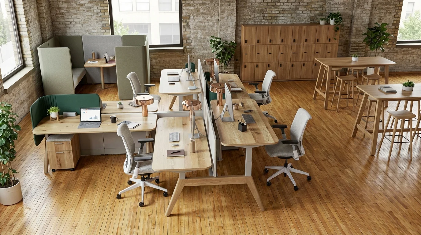 Espace flex office avec postes non attribués, bureaux assis-debout et zones différenciées collaboration, focus et casiers personnels