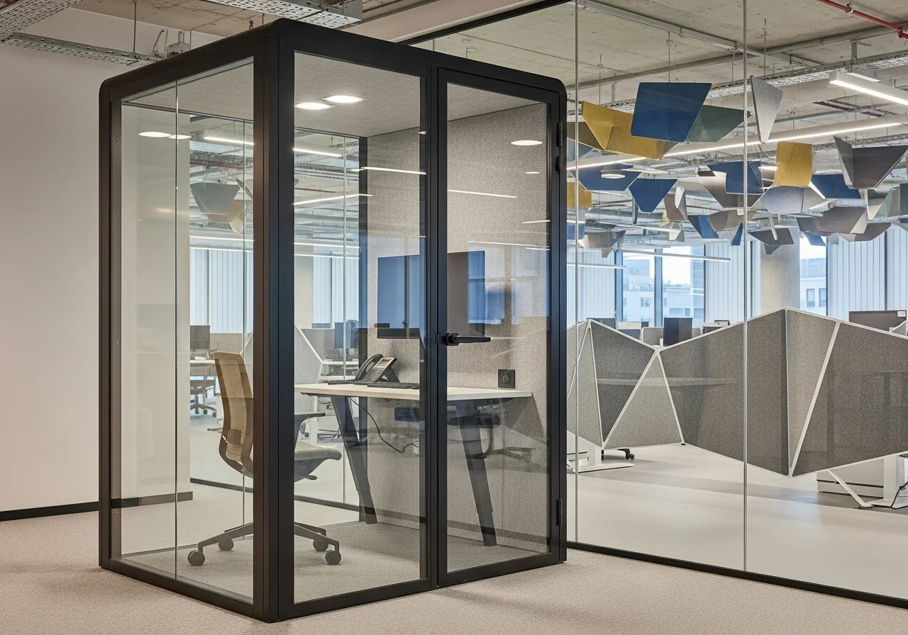 Phone box vitrée pour visioconférence avec baffles acoustiques suspendus et panneaux feutre dans un open space moderne