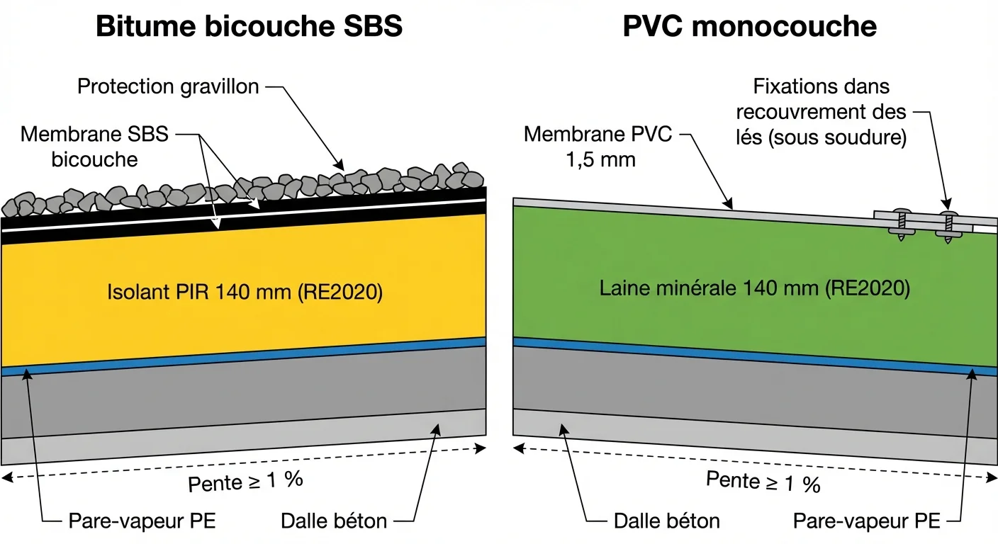 Coupes comparatives bitume bicouche SBS (gravillon, isolant PIR 140 mm) et PVC monocouche (fixations sous recouvrement, laine minérale 140 mm) conformes RE2020 avec pente de dalle