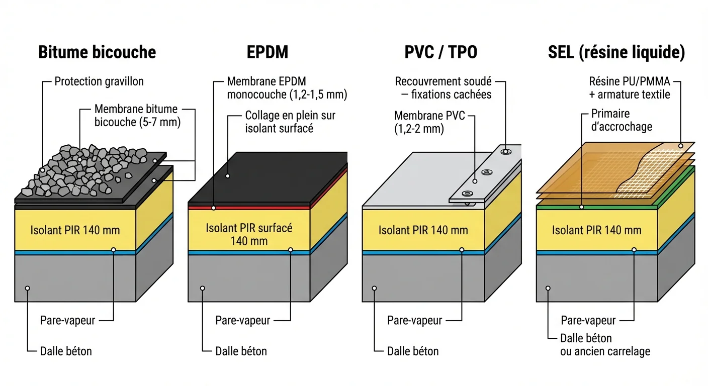 Schéma comparatif en coupe des quatre systèmes d'étanchéité toiture plate — bitume bicouche sur isolant PIR, EPDM collé sur isolant surfacé, PVC/TPO avec fixations cachées sous recouvrement soudé, et SEL résine liquide sur isolant avec armature textile