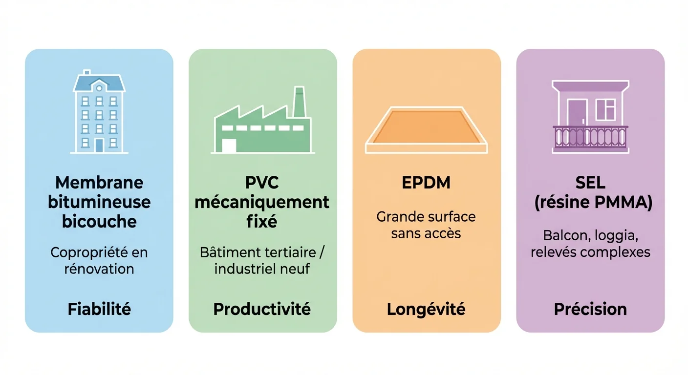 Schéma de recommandation : quatre cartes associant chaque situation (copropriété, bâtiment tertiaire, grande toiture, balcon) au système d'étanchéité recommandé (bitume bicouche, PVC, EPDM, SEL résine PMMA)