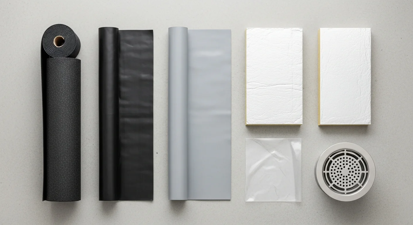 Flat lay des matériaux d'étanchéité conformes DTU 43.1 : membrane SBS, EPDM, PVC, isolant PIR et pare-vapeur PE