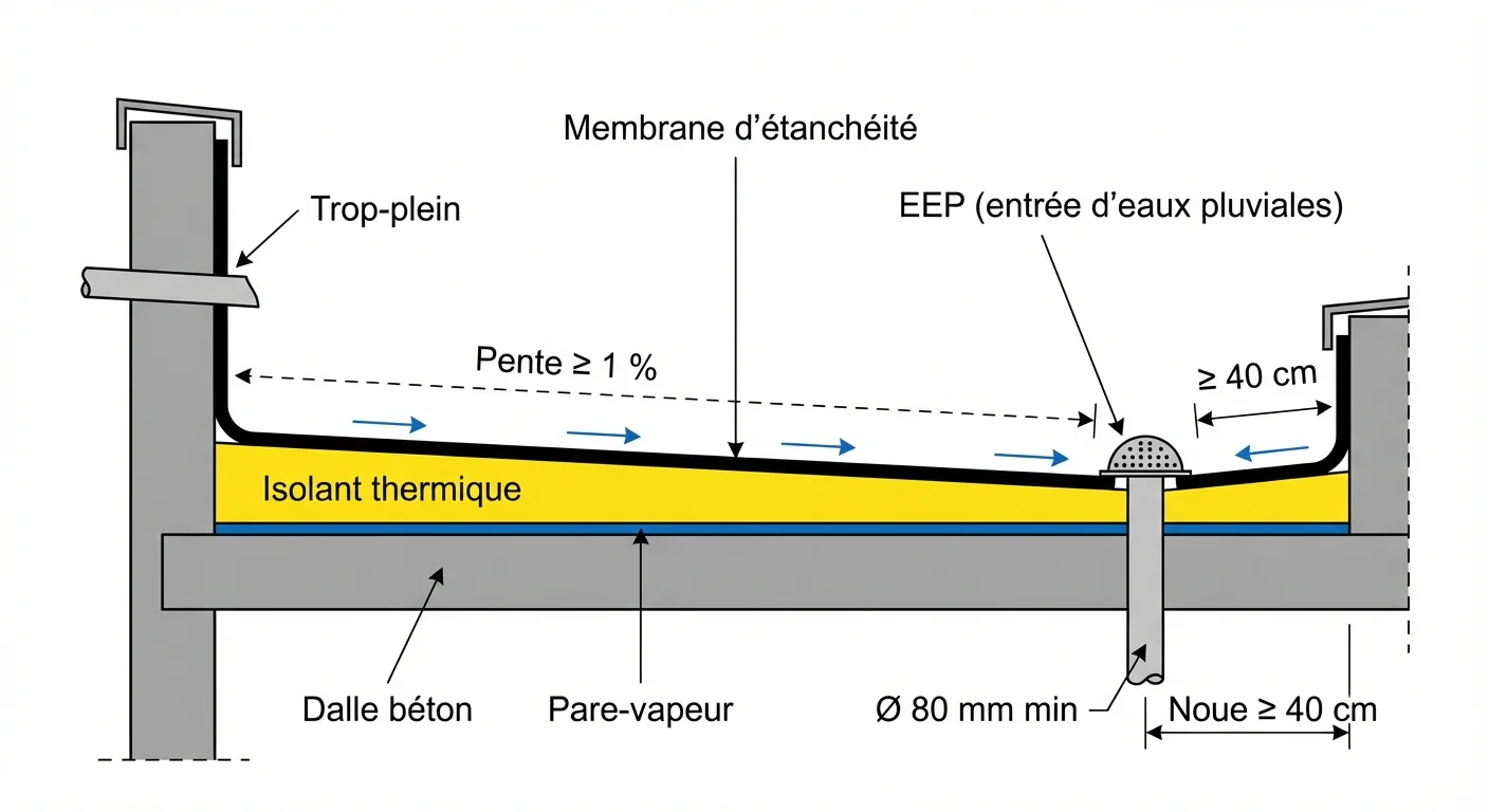 Coupe technique d'une toiture-terrasse montrant la pente d'écoulement, l'entrée d'eaux pluviales (EEP) et le trop-plein conformes au DTU 43.1
