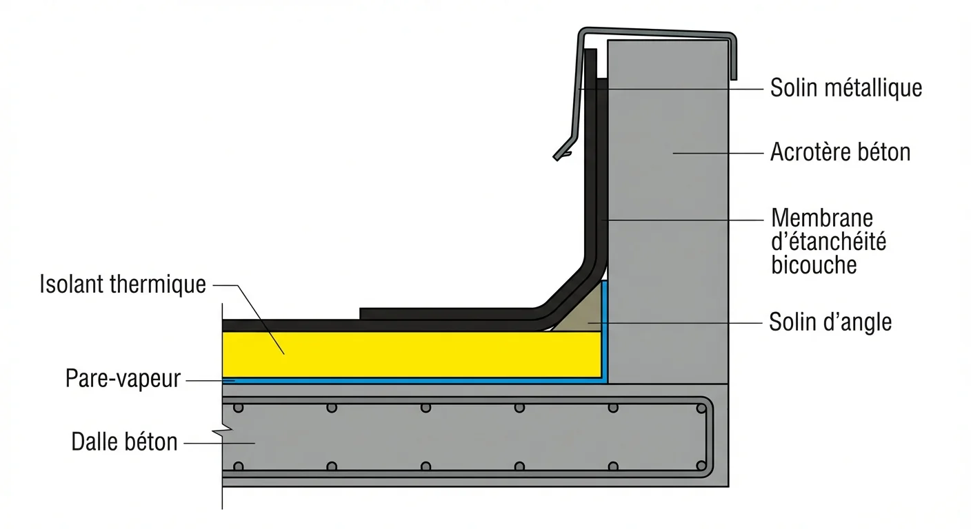 Détail d'un relevé d'étanchéité conforme DTU 43.1 en pied d'acrotère avec solin métallique et renfort d'angle