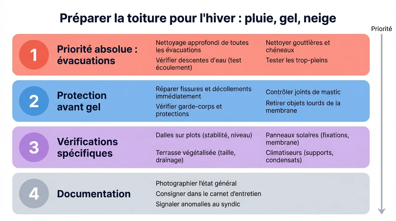 Infographie checklist d'inspection automnale de toiture-terrasse classée par priorité : évacuations, protection avant gel, vérifications spécifiques et documentation avec 15 points de contrôle