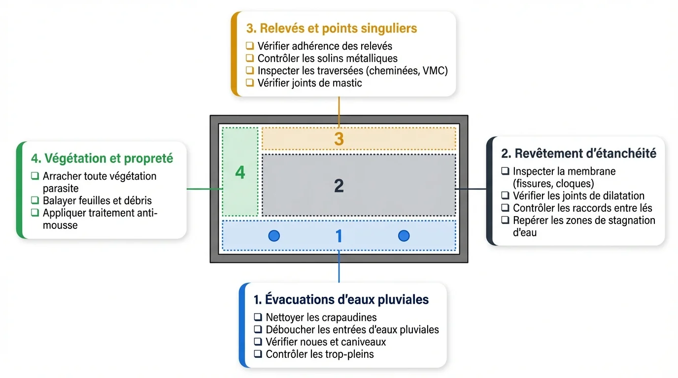 Infographie checklist d'inspection printanière de toiture-terrasse avec vue en plan du toit et quatre zones d'inspection : évacuations, revêtement, relevés et végétation avec 15 points de contrôle