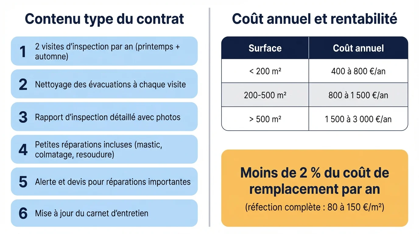 Infographie du contrat de maintenance préventive de toiture-terrasse : six prestations incluses et tableau des coûts annuels par surface avec ROI inférieur à 2 pourcent du coût de remplacement