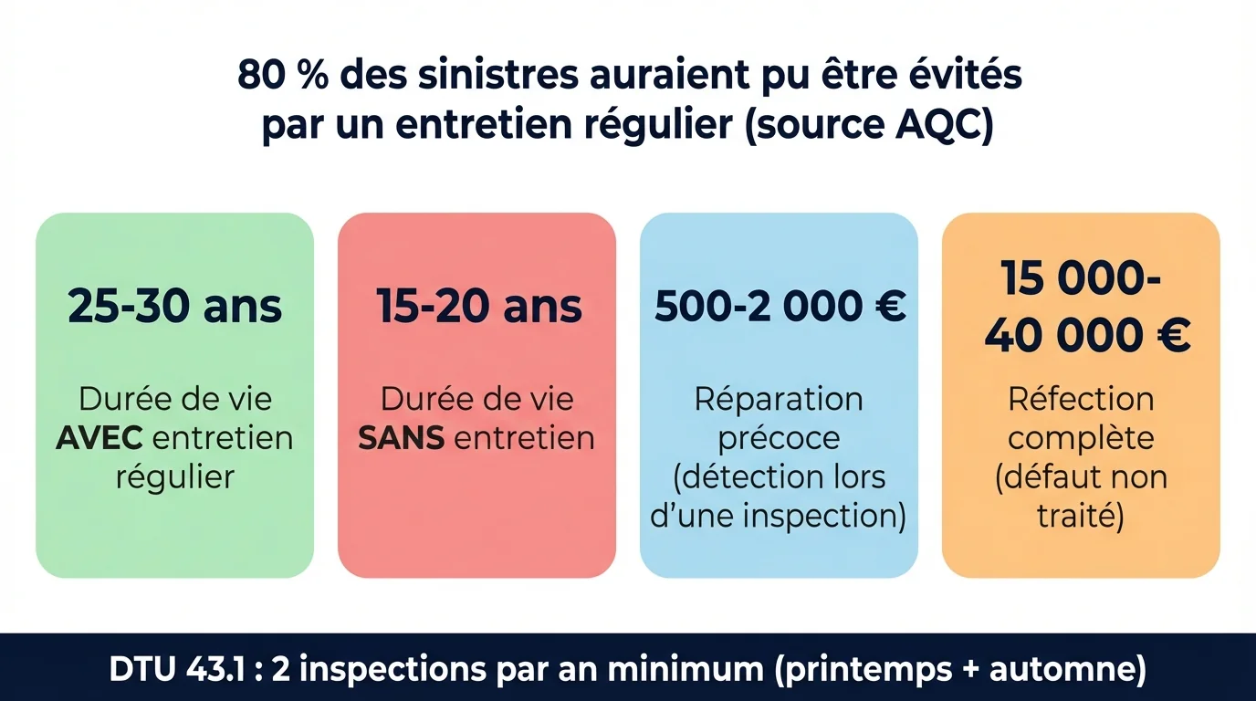 Infographie des enjeux de l'entretien de toiture-terrasse : durée de vie 25-30 ans avec entretien contre 15-20 ans sans, coût réparation précoce 500-2 000 euros contre réfection 15 000-40 000 euros, obligation DTU 43.1