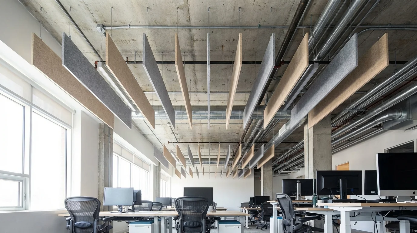 Baffles acoustiques en feutre suspendus sous plafond béton brut dans un espace de bureau style loft, design industriel contemporain