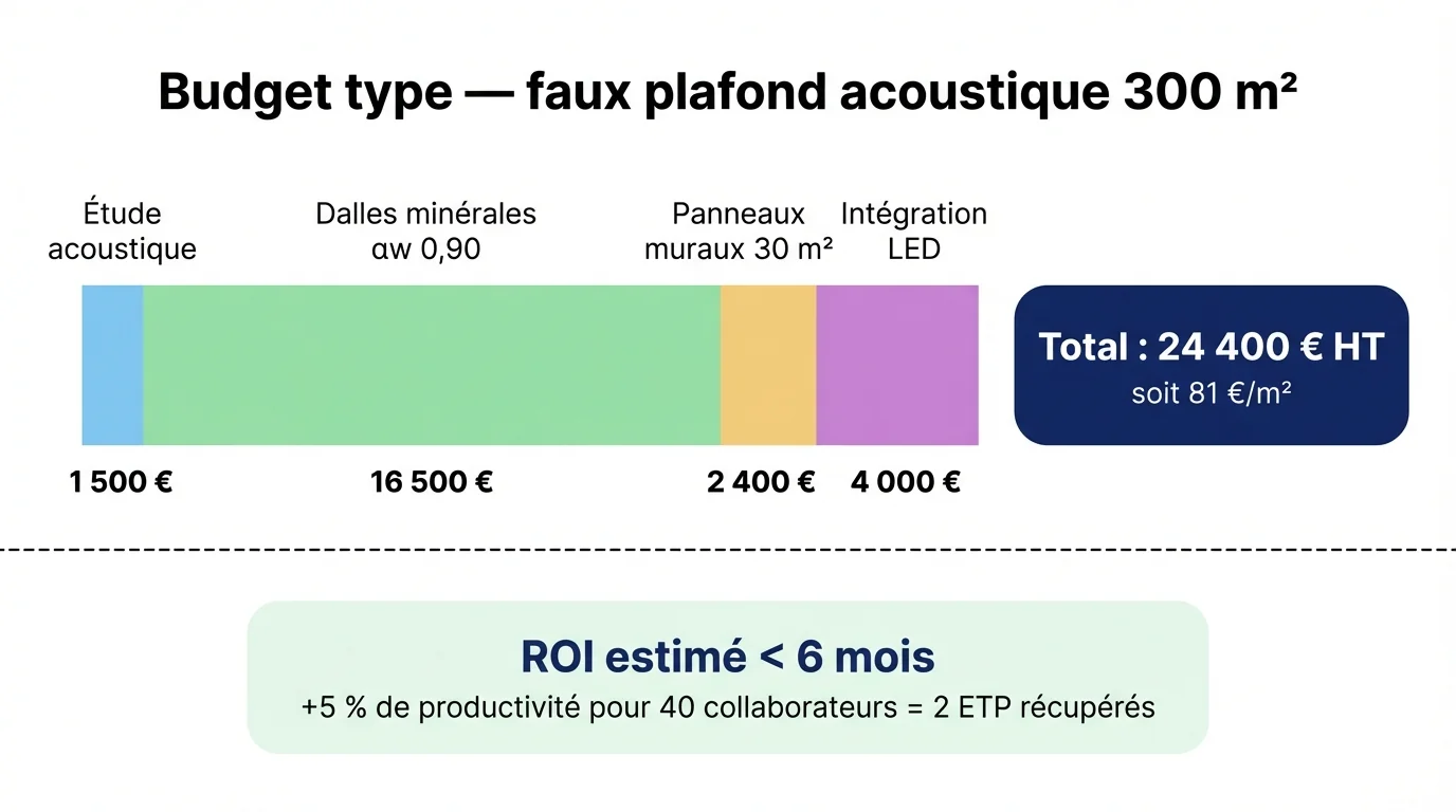 Infographie du budget type d'un faux plafond acoustique pour 300 mètres carrés : étude 1 500 euros, dalles 16 500 euros, panneaux 2 400 euros, LED 4 000 euros, total 24 400 euros HT soit 81 euros par mètre carré, ROI inférieur à 6 mois