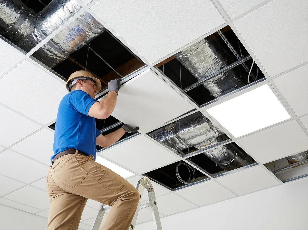 Pose de dalles minérales acoustiques 600×600 sur ossature T24 dans un bureau, intégration de luminaire LED dans le faux plafond