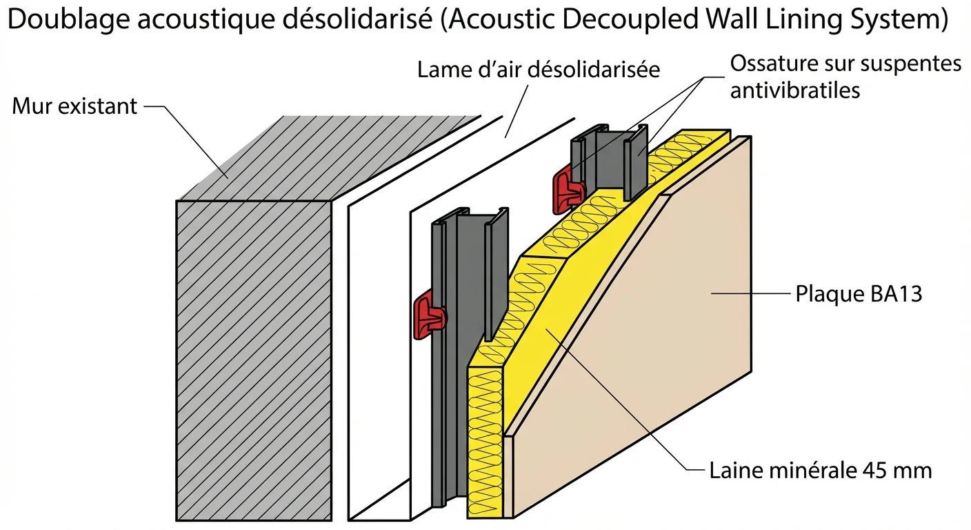 Coupe technique d'un doublage acoustique désolidarisé : mur existant, ossature sur suspentes antivibratiles, laine minérale et plaque BA13