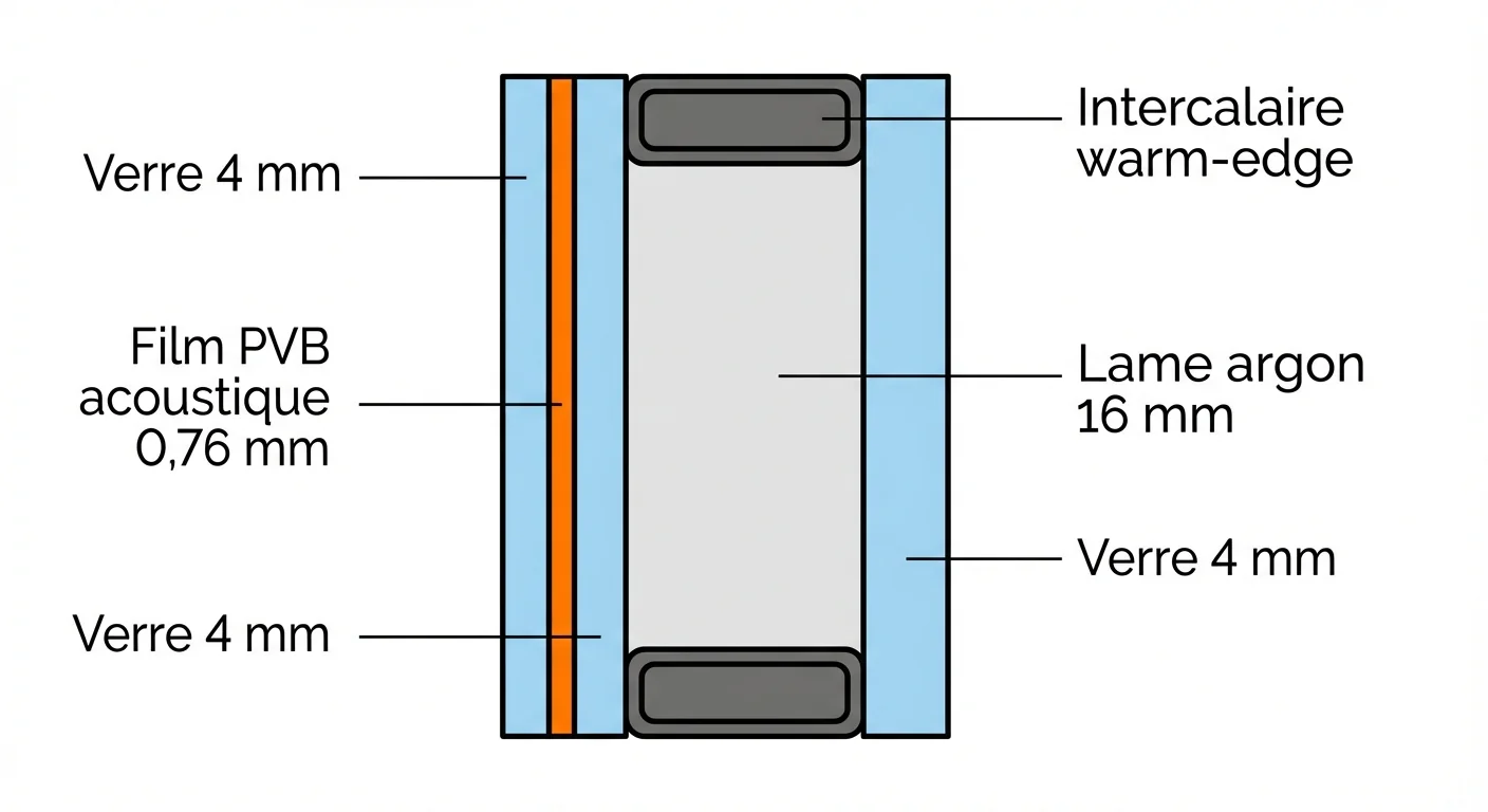 Coupe 3D d'un vitrage feuilleté acoustique 44.2/16/4 montrant le film PVB d'affaiblissement sonore et la lame d'argon
