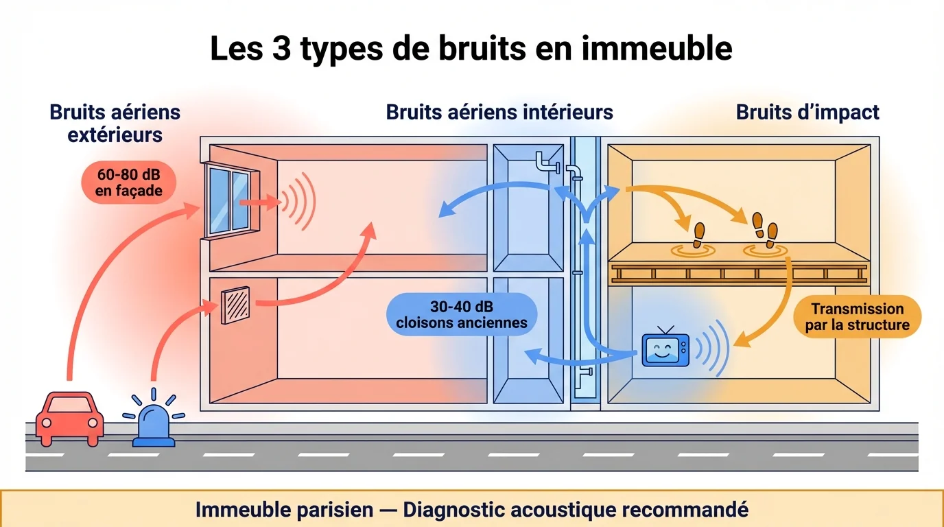 Schéma en coupe d'un immeuble montrant les trois types de bruits : aériens extérieurs (trafic via fenêtres), aériens intérieurs (voisins via cloisons) et impacts (pas via planchers)
