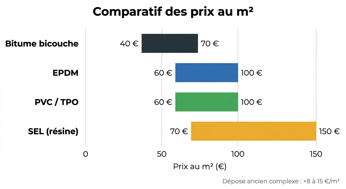 Graphique comparatif des prix au mètre carré des quatre systèmes d'étanchéité : bitume bicouche 40-70 €, EPDM 60-100 €, PVC/TPO 60-100 €, SEL résine 70-150 €