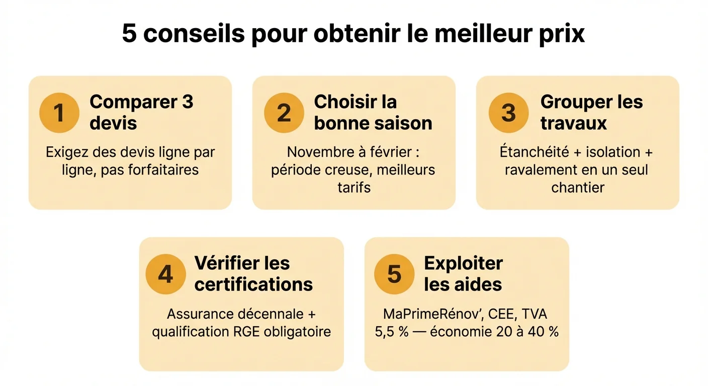 Cinq conseils pour obtenir le meilleur prix sur un chantier d'étanchéité : comparer les devis, choisir la bonne saison, grouper les travaux, vérifier les certifications et exploiter les aides