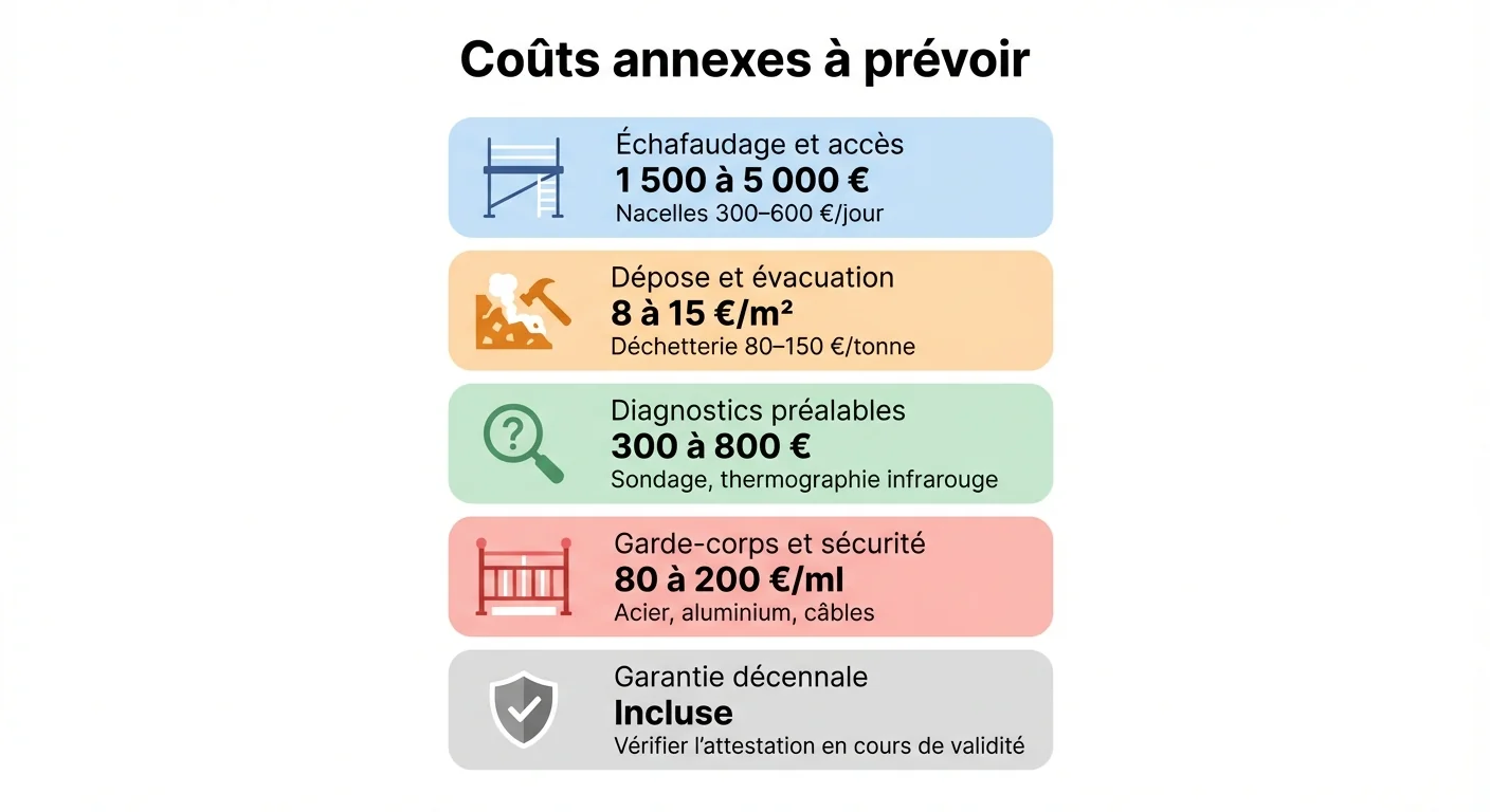Infographie des cinq coûts annexes à prévoir pour un chantier d'étanchéité de toiture-terrasse : échafaudage, dépose, diagnostics, garde-corps et garantie décennale