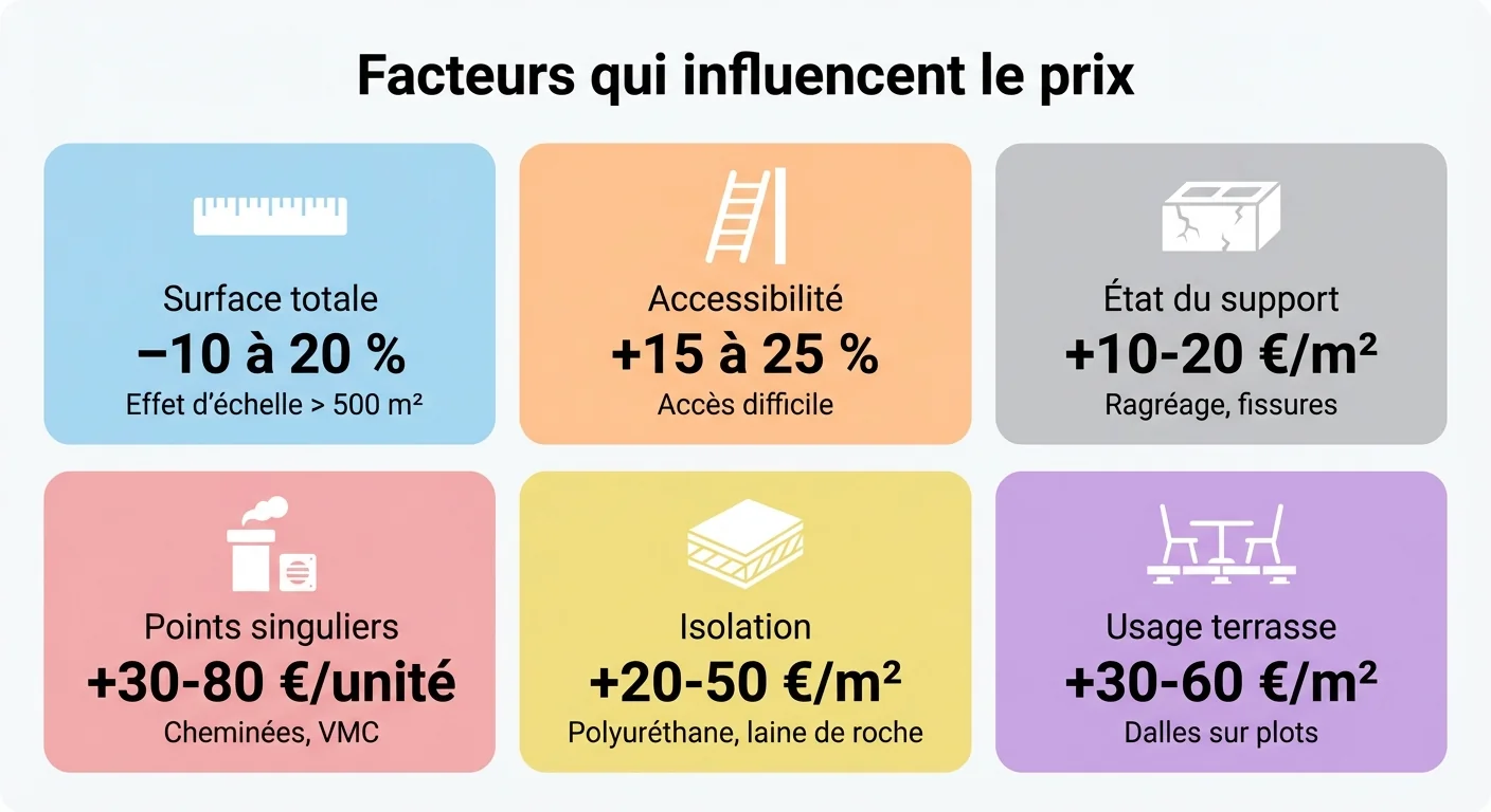 Infographie des six facteurs influençant le prix d'une étanchéité de toiture-terrasse avec impact chiffré en pourcentage ou euros par mètre carré