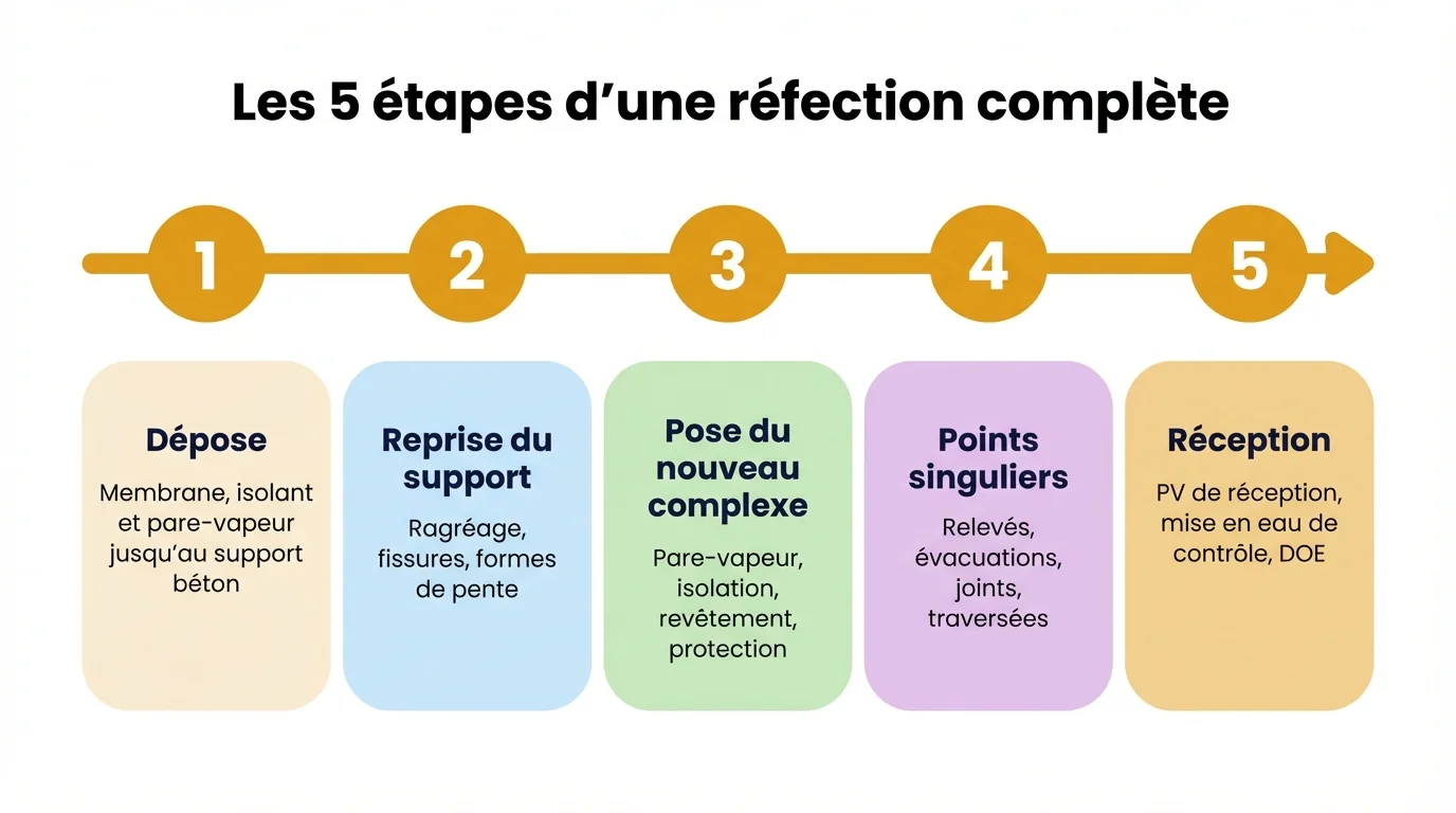 Infographie des cinq étapes d'une réfection complète d'étanchéité : dépose, reprise du support, pose du complexe, points singuliers et réception