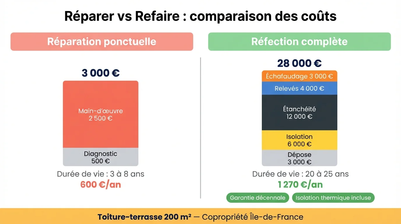 Infographie comparative des coûts de réparation (3 000 €) et de réfection complète (28 000 €) d'une toiture-terrasse de 200 m² avec décomposition par poste et coût annualisé
