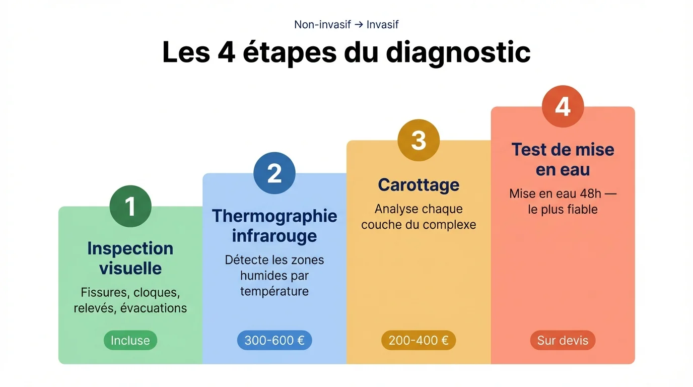 Infographie des quatre étapes du diagnostic d'étanchéité : inspection visuelle, thermographie infrarouge, carottage et test de mise en eau