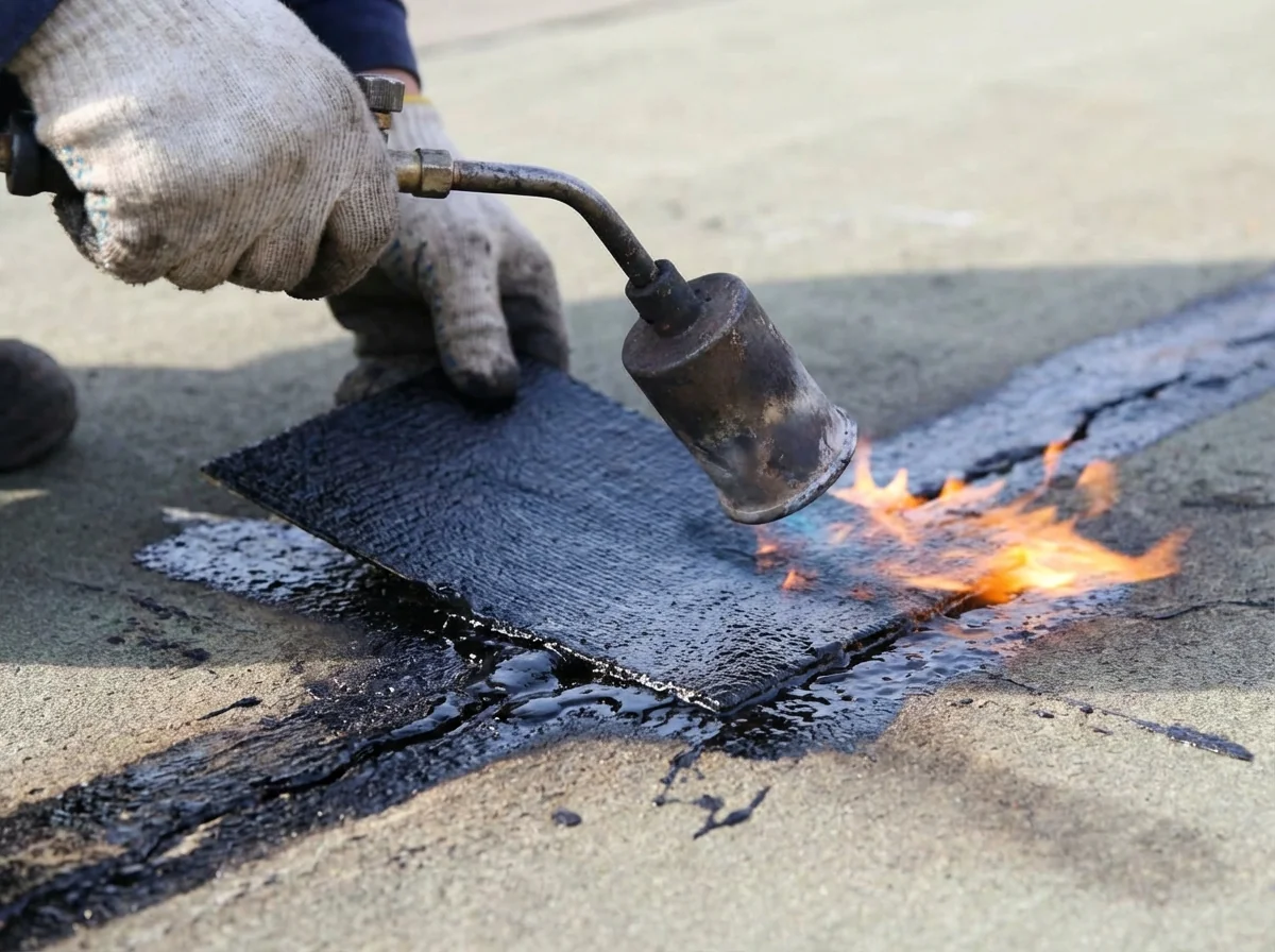 Soudage d'une pièce de renfort bitumineuse sur membrane existante, réparation ponctuelle d'étanchéité de toiture-terrasse