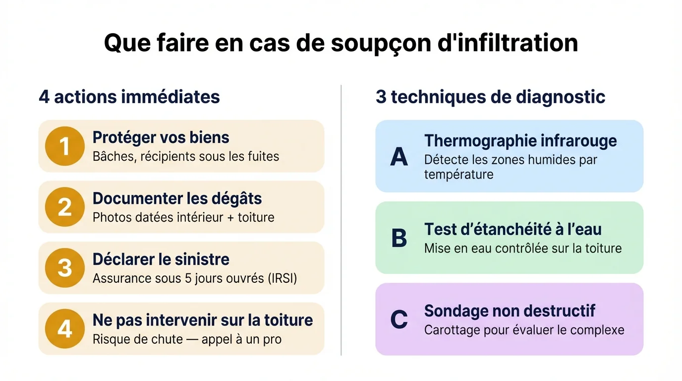 Infographie des actions en cas d'infiltration : quatre gestes immédiats numérotés et trois techniques de diagnostic professionnel
