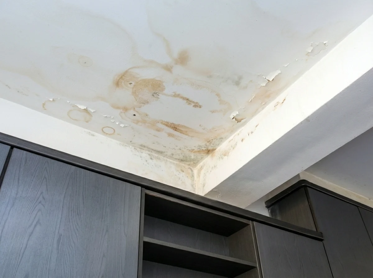 Plafond d'appartement avec auréoles d'infiltration, peinture écaillée et moisissures noires — signes d'une étanchéité défaillante