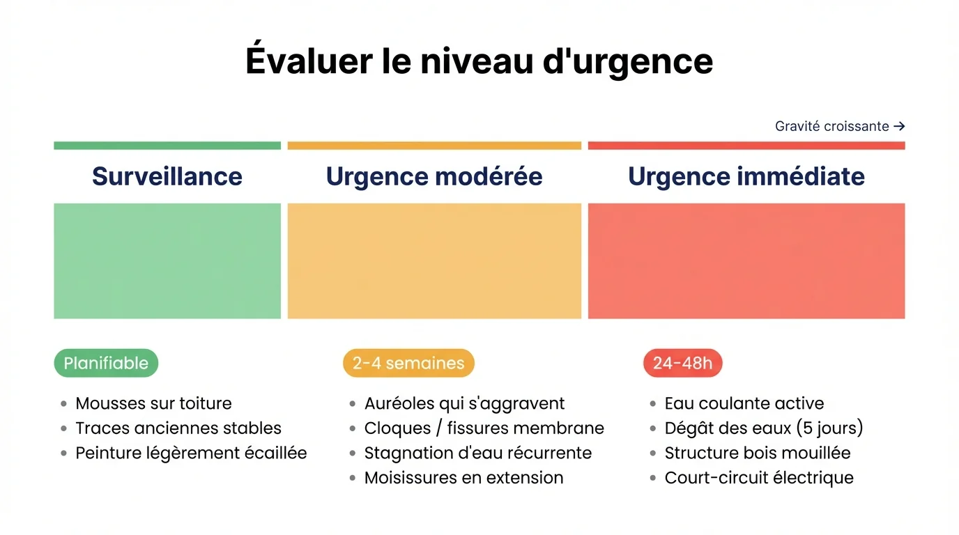 Infographie triage d'urgence en trois niveaux pour une étanchéité défaillante : urgence immédiate 24-48h en rouge, urgence modérée 2-4 semaines en ambre, et surveillance planifiable en vert