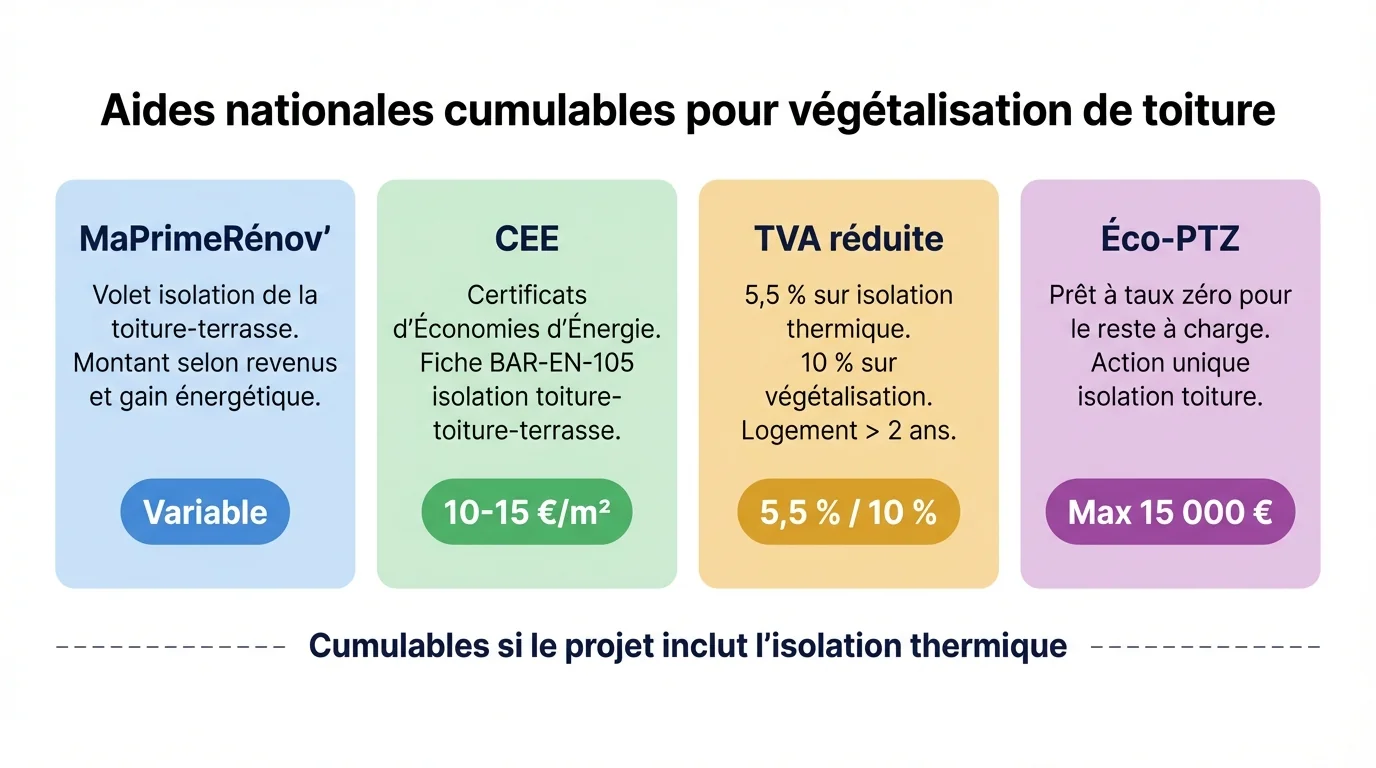 Infographie comparative des quatre aides nationales cumulables pour végétalisation de toiture : MaPrimeRénov', CEE 10-15 euros par mètre carré, TVA réduite et éco-PTZ jusqu'à 15 000 euros