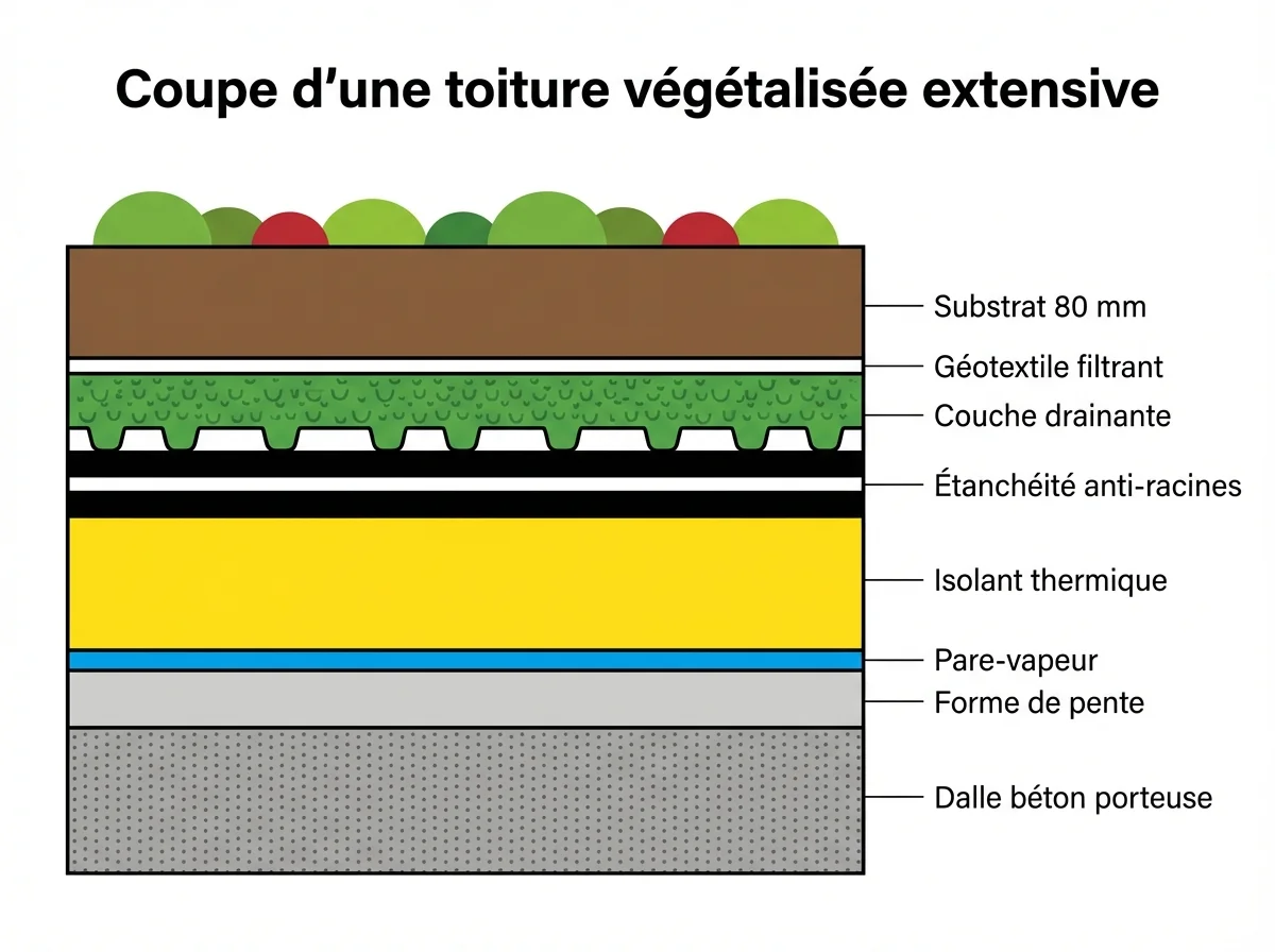 Coupe technique d'une toiture végétalisée extensive montrant les neuf couches : dalle béton, forme de pente, pare-vapeur, isolant, étanchéité anti-racines, drainage, géotextile, substrat et sedum