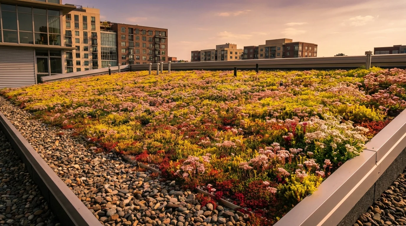 Toiture végétalisée en sedum mature en fleurs sur toit parisien au coucher du soleil, programme CoprOasis